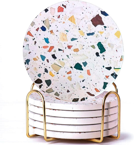 Terrazzo Drink Absorbent Coasters with Holder Set of 6, Ceramic Coaster for Drinks, Coffee Table Decor, Water Absorbing Stone Coaster for Drinks (Mosaic)