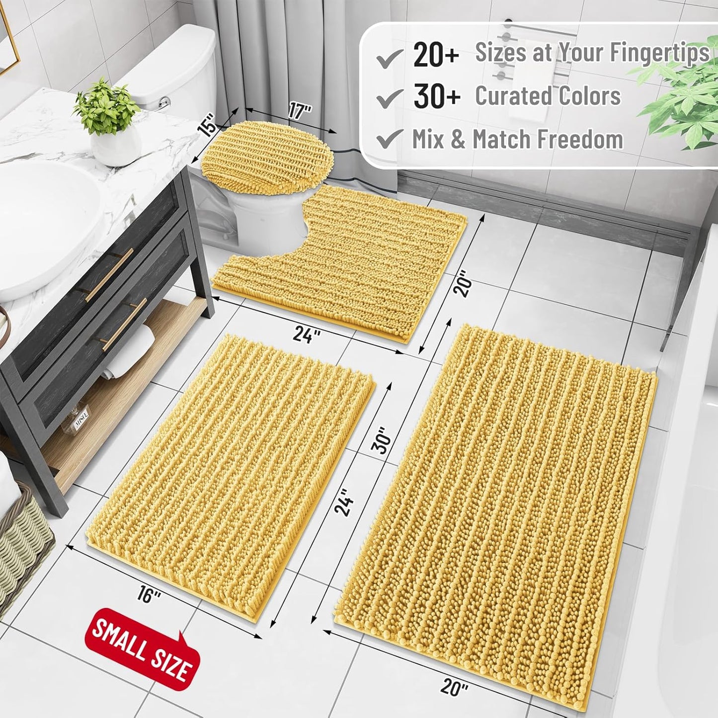 Arotive Luxury Chenille Bathroom Rug Mat, Extra Soft Thick Absorbent Shaggy Bath Rugs, Non-Slip Machine Wash Dry, Plush Bath Mats for Bathroom, Shower and Tub, 47x17, Yellow