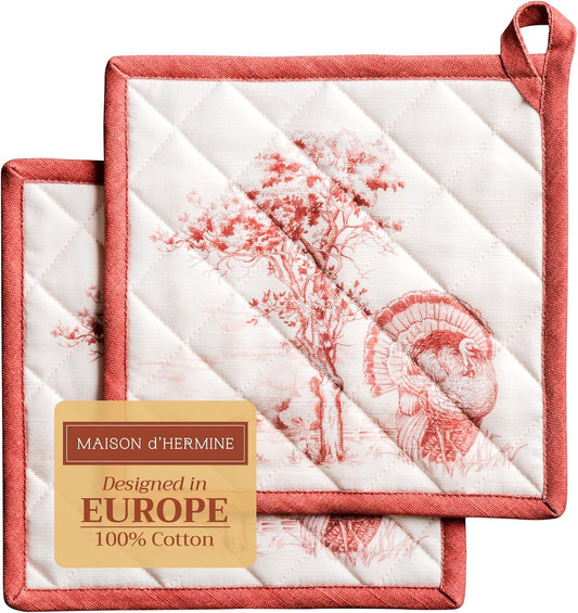 Maison d' Hermine Pot Holders Set 100% Cotton Heat Resistant Potholders 8" x 8" Hot Pads with Loop BBQ, Cooking, Baking, Grilling, Kitchen, Handling Hot Pans (Pack of 2, Holy Jouy - Red)