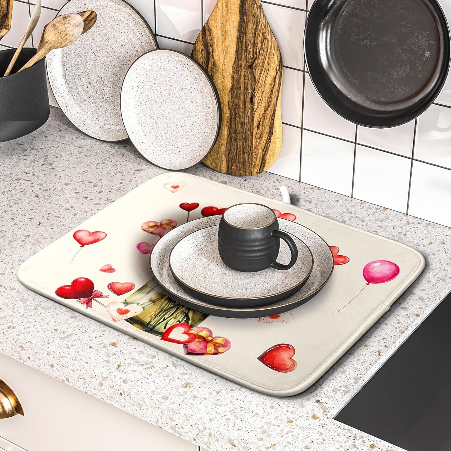 Valentine's Day Dish Drying Mat for Kitchen Counter,Red Love Canes Hearts Decorative Mason Jar Drying Mat 16 x 18 Inch with High Absorbent Microfiber Drainer Mat for Coffee Bar