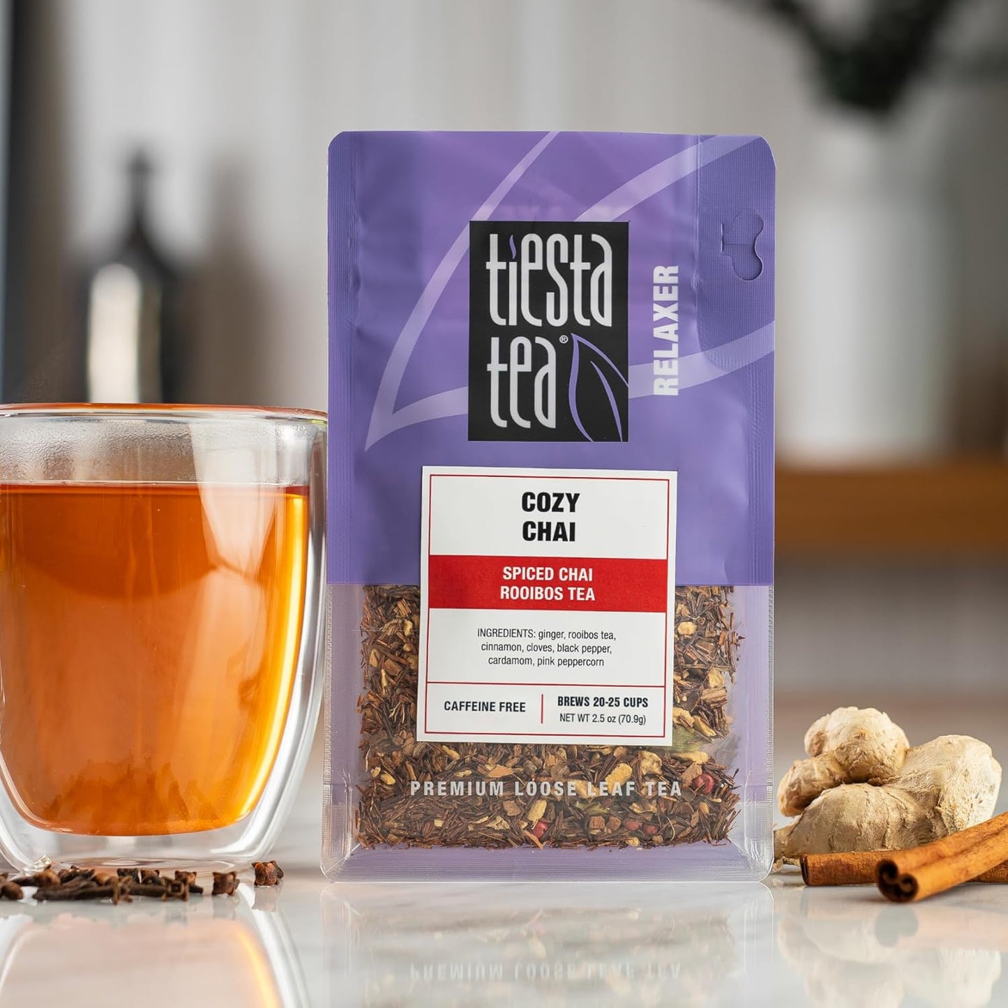 Tiesta Tea - Cozy Chai, Loose Leaf, Spiced Chai Rooibos Tea, Premium Caffeine-Free Herbal Blend, Makes Hot or Iced & Up to 25 Cups, 2.5oz Resealable Pouch