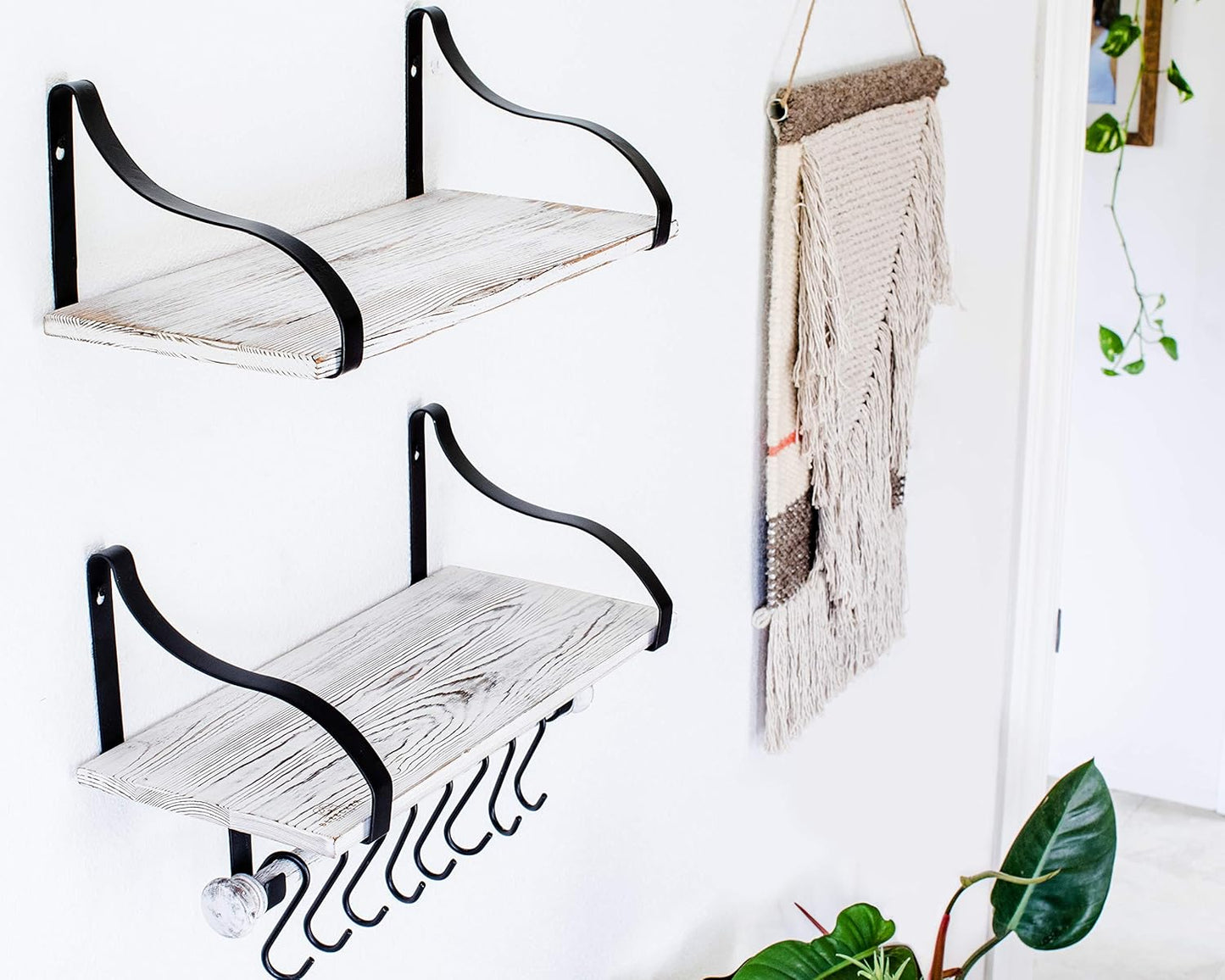 Wall Mounted Floating Spice Shelves with Towel Bar and Removable Hooks, Solid Wood, Rustic Shelving Storage, for Kitchens, Bathrooms and More, Farmhouse Wall Décor, 16.75” Long x 7.5” (White Washed)