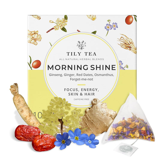 Tily Tea Morning Shine Breakfast Tea - Natural Herbal Tea for Focus and Energy - Ginger and Gingseng - Caffeine Free - 10 Plastic-Free Tea Bags