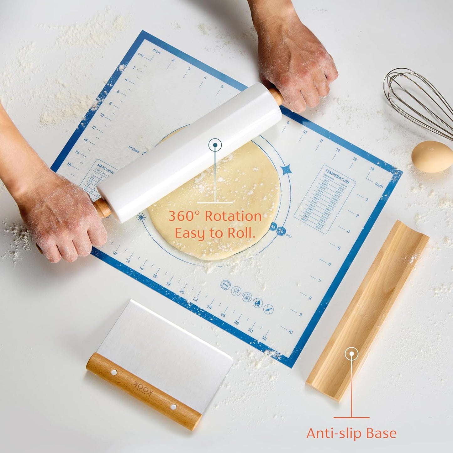 Kook Marble Rolling Pin Set, 18 Inch Rolling Pin with Beechwood Handles, Wooden Holder, Metal Scraper, Silicone Mat, Nonstick, for Baking Pizza Dough, Pastries, Tortillas