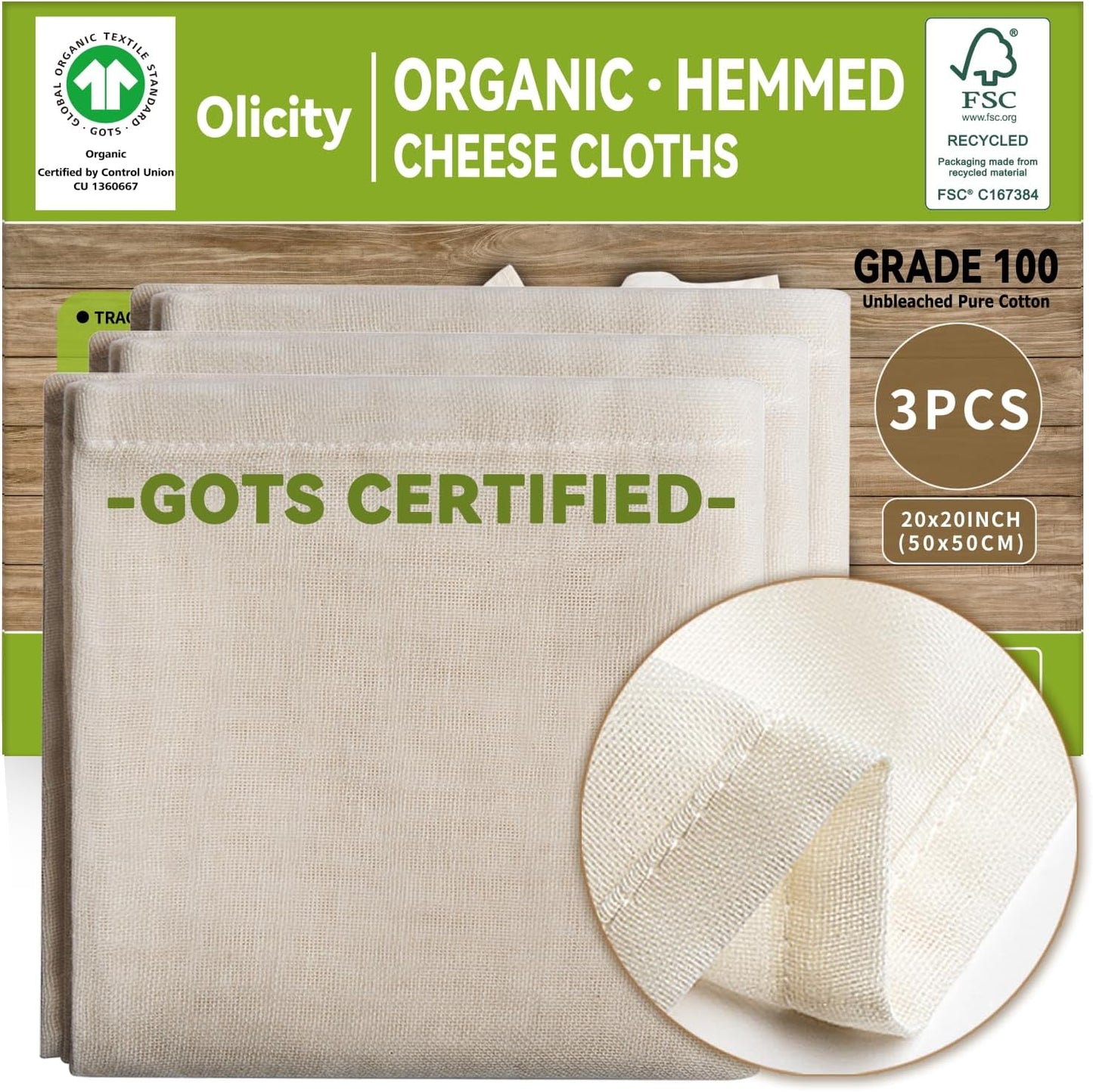 Organic Cheese Cloths, GOTS Certified, 3PCS, Grade 100, 20x20Inch Hemmed Cheese Cloth Fabric Reusable Fine Mesh Cloth, 100% Cotton Unbleached Muslin Cheesecloth for Straining, Cooking, Juice, Herbs
