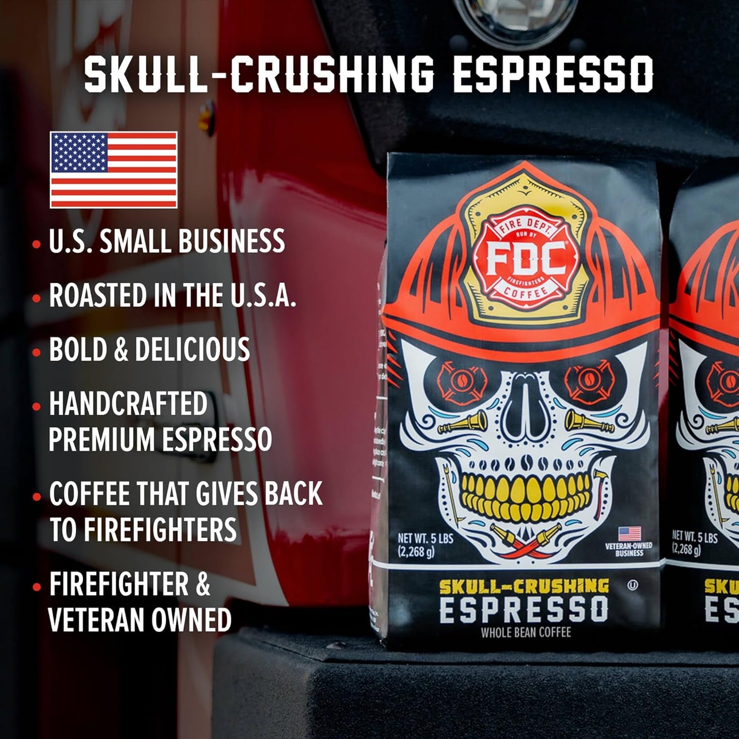 Fire Department Coffee - Gives Back to Firefighters - Full-Bodied & Bold Skull Crushing Espresso Coffee Beans - Roasted in the USA - Premium Espresso Beans - Veteran Owned - Bulk 5 LB