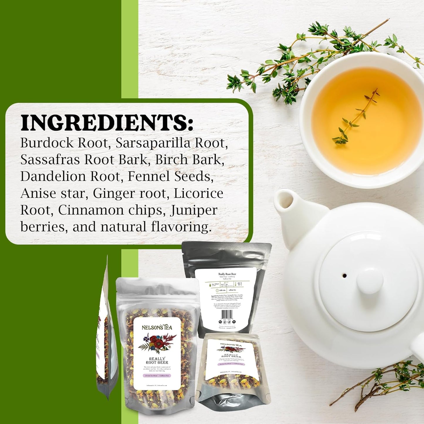 Nelson's Tea Really Root Beer - Sarsaparilla Root Herbal Loose Leaf Tea; Blend of Flavors like Sarsaparilla, Sassafras Burdock, and More! - 2 oz