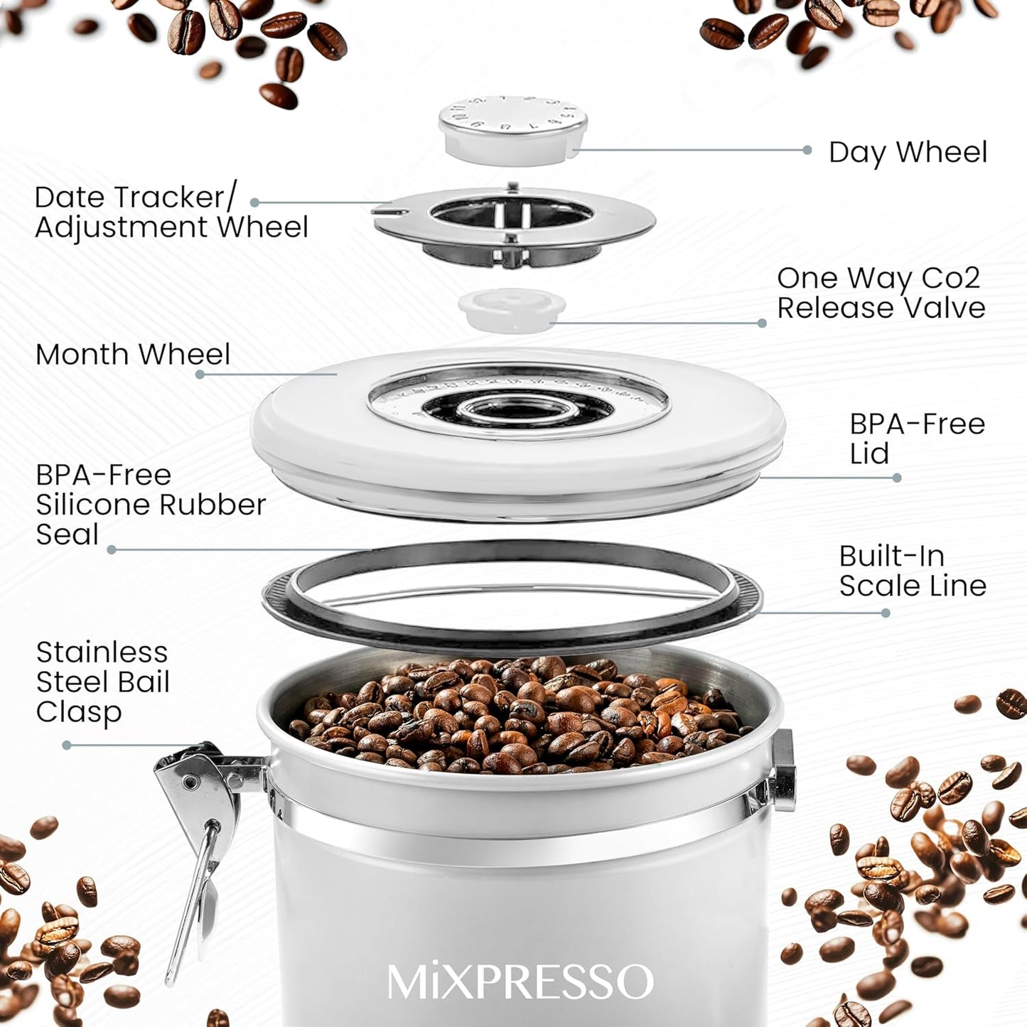 Mixpresso 16 Oz White Coffee Canister, Stainless Steel Airtight Coffee Container, Air tight Jar Tea Storage with Date Tracker, Vacuum Sealed Espresso Airtight Canister, Sugar Container for Home
