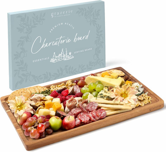 Charcuterie Board - Acacia Cheese Board with Grooves & Built-in Handles, Snack Tray for Vegetables, Fruits, Meat, Nuts - Decorative Wooden Serving Tray for Kitchen House Warming Gift