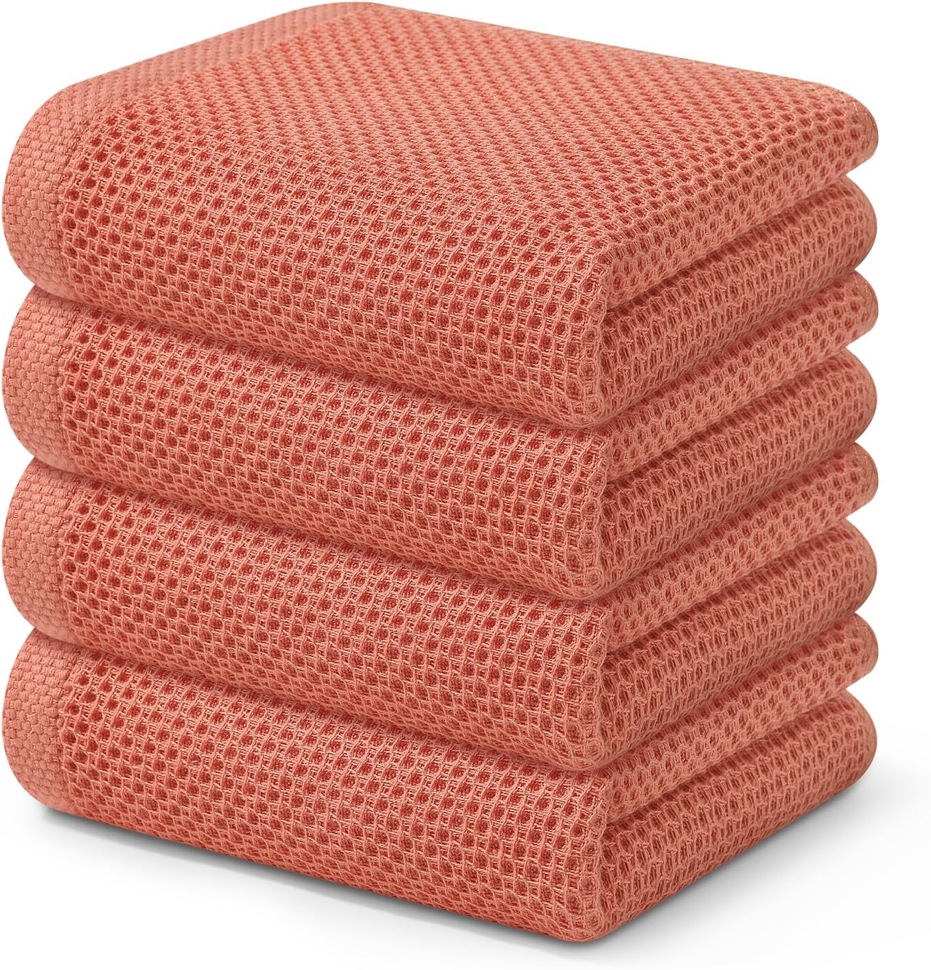Kitinjoy 100% Cotton Waffle Weave Kitchen Towels, 4-Pack Super Soft and Absorbent Dish Towels for Drying Dishes, Kitchen Hand Towels, 13 in x 28 in, Coral
