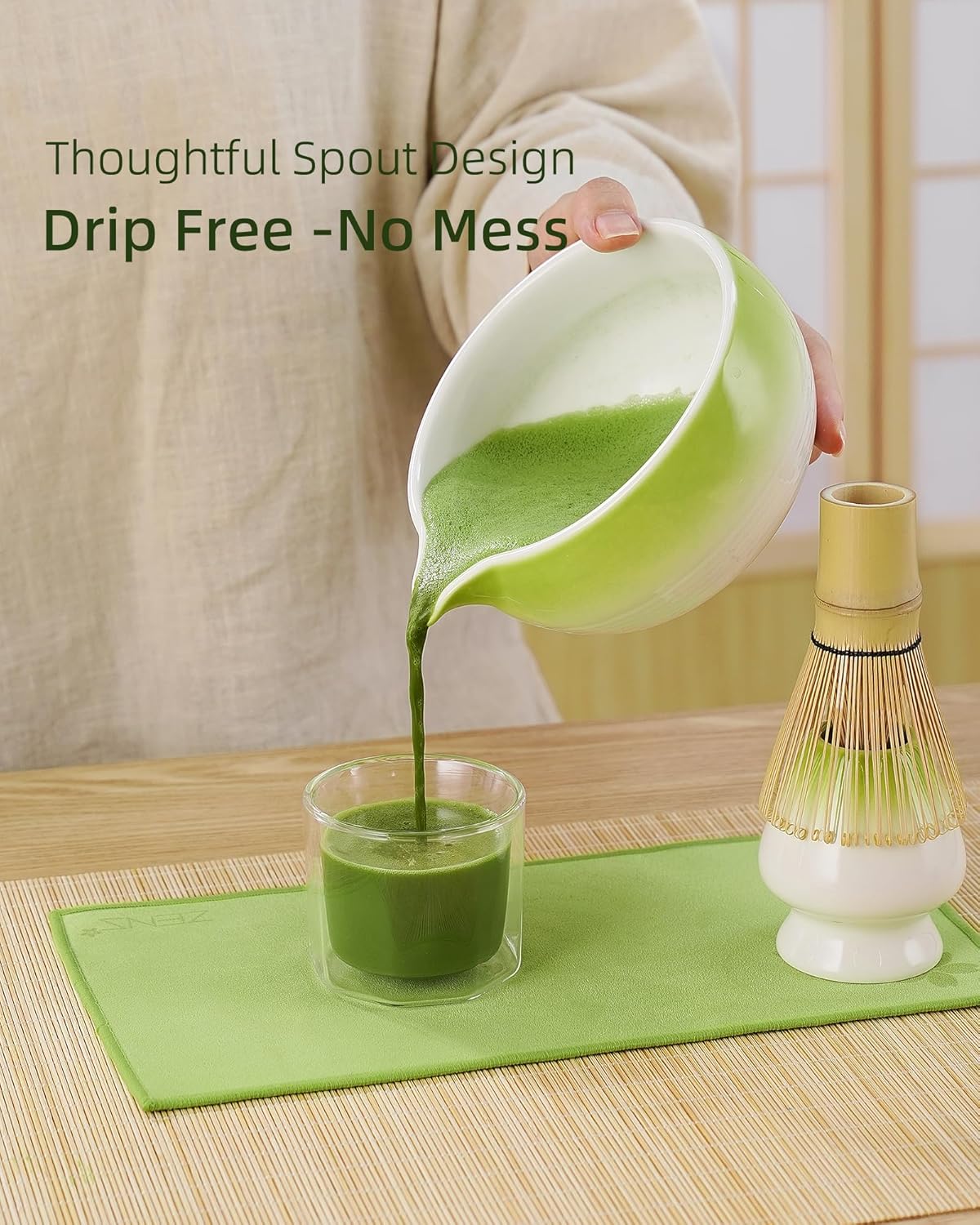 ZENS Matcha Whisk Set, 15oz Hand-Glazed Matcha Bowl with Spout and Bamboo Whisk, Whisk Holder (Chasen), Scoop & Tea Towel, 5pcs Matcha Tea Set Gift for Matcha Ceremony, Green