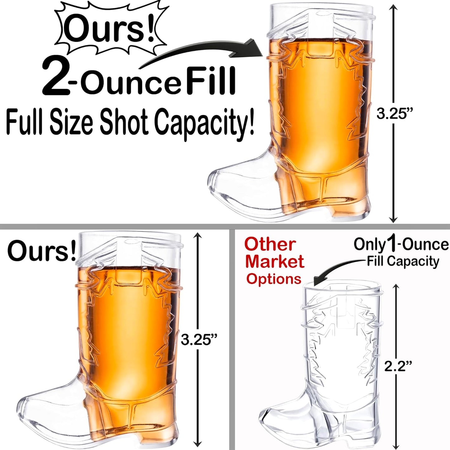 2 Ounce Cowboy Boot Shot Glasses | 10pcs Pack Double Ounce Plastic Shot Glass | Western Boot Shot Glasses for Parties | Bachelor Bachelorette Cowboy Parties | 4th of July Shot Glasses