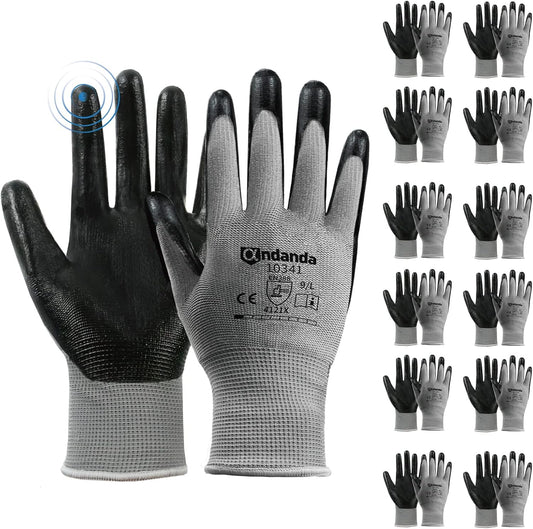 ANDANDA Smart Touch Work Gloves - 12 Pairs, 3D Comfort Stretch Fit, Nitrile Coated with Grip, Seamless Knit Nylon, Suitable for Warehousing, Black (XXL)