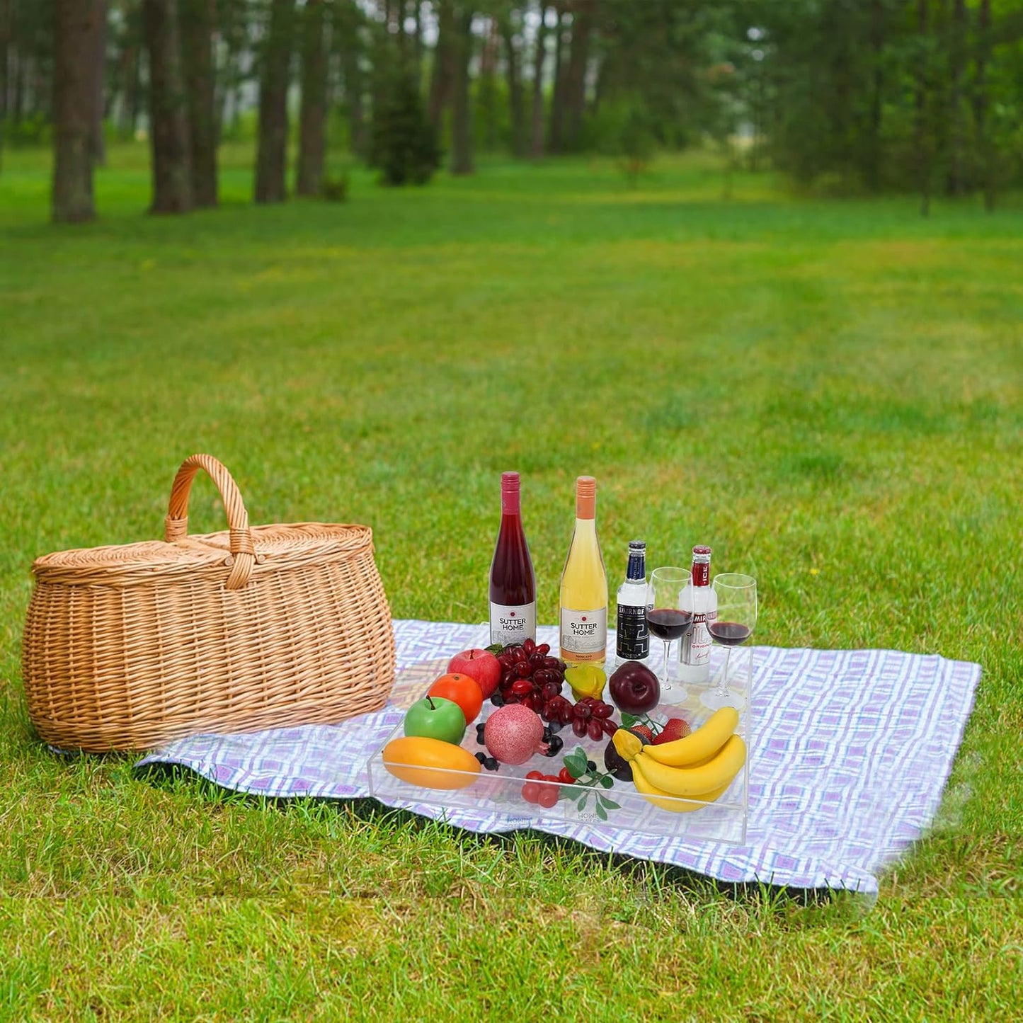 18×18 Inches Clear Acrylic Serving Tray with Handles Extra Large Ottoman Tray Decorative Trays Spill-Proof Coffee Table Space Saver Oversize Counter top Organizer Platter with Safe Edge