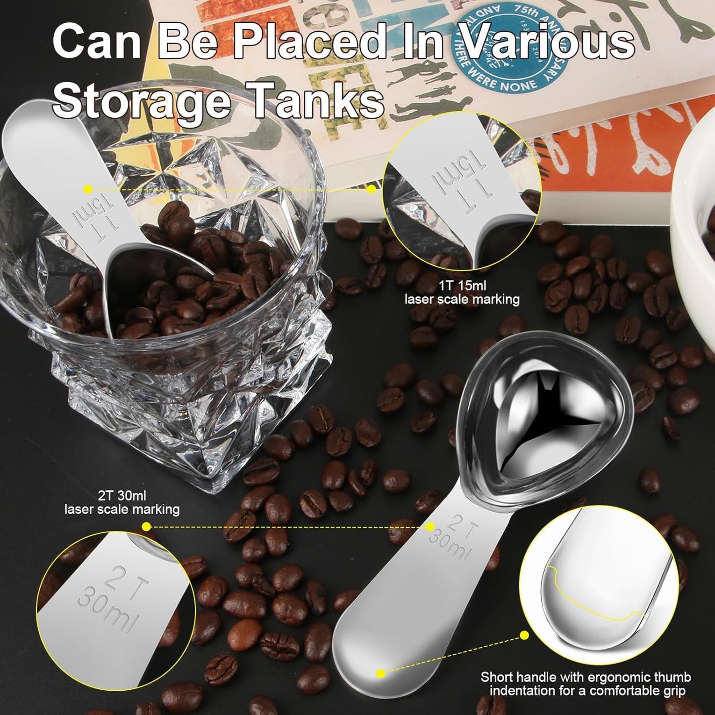 Coffee Scoop Set, Tablespoon Scoop 2 Pc Set (1 Tbsp & 2 Tbsp), Stainless Steel Measuring Spoons for Ground Coffee with Short Handles, for Tea, Sugar, or Flour