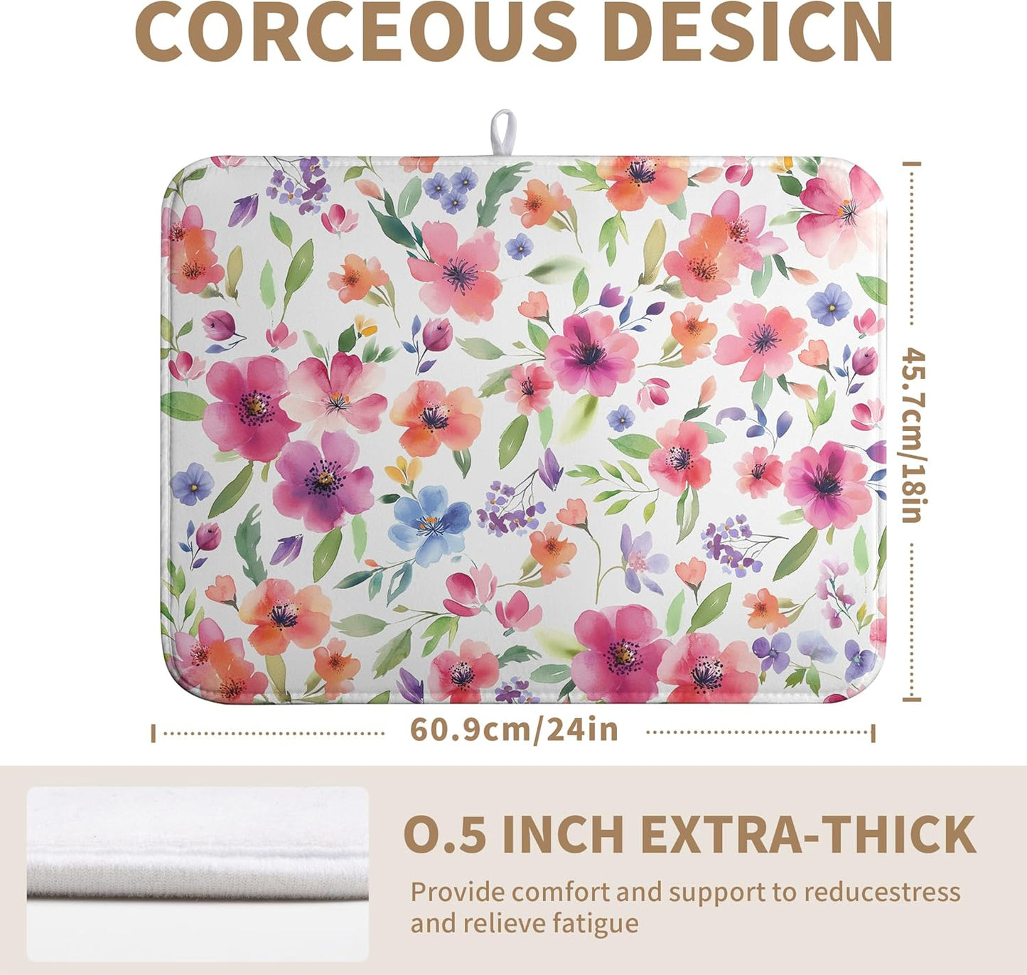 Spring Floral Dish Drying Mat Flowers Summer Kitchen Mat Dish Drying Pad Absorbent Dish Dryer Mat for Kitchen Countertops Microfiber Dishes Drainer Pad Dish Drying Rack Mat (18x24 in)