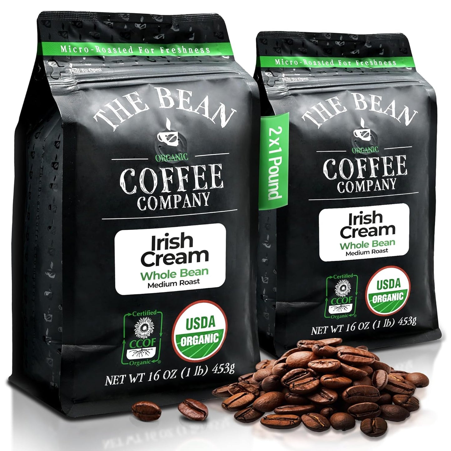 The Bean Organic Coffee Company Irish Cream, Medium Roast, Whole Bean Coffee, 16-Ounce Bags (Pack of 2)