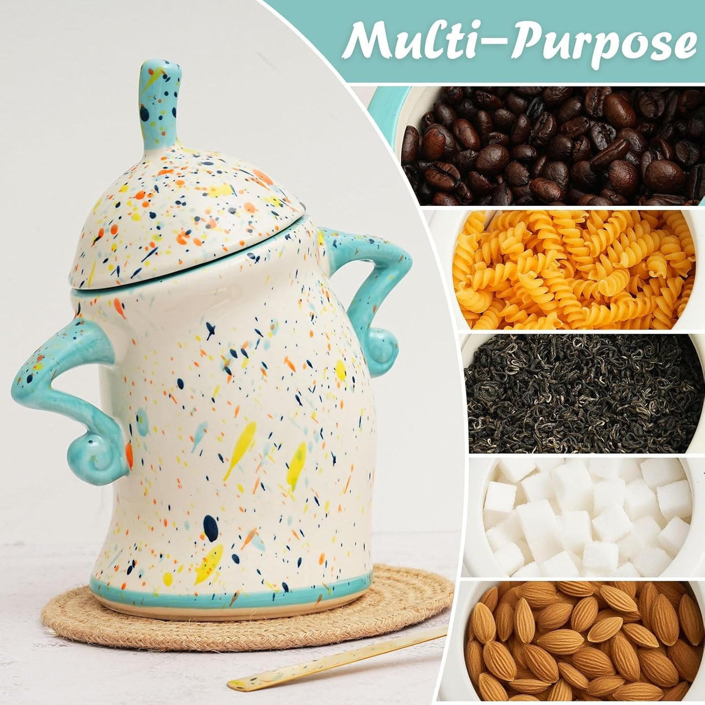 Canister With Attitude,Large Capacity Cute Sassy Storage Canister,Interesting food jars, stylish airtight large ceramic lids, coffee, tea, sugar and spice storage jars with spoons (Blue)