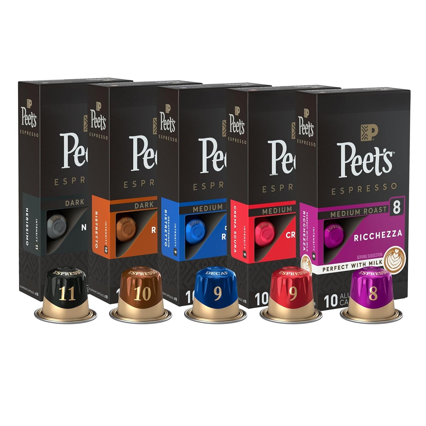 Peet's Coffee, Dark and Medium Roast Espresso Capsules Variety Pack with Decaf, Compatible with Nespresso Original Machine - Intensity 8-11, 50 Count (5 Boxes of 10 Espresso Capsules)