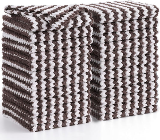 Homaxy 24 Pack Kitchen Dish Cloths, Ultra Soft and Absorbent Dish Towels, Reusable Fast Drying Microfiber Cleaning Cloth, Coral Velvet Wave Design No-lint, 10 x 10 inches, Brown