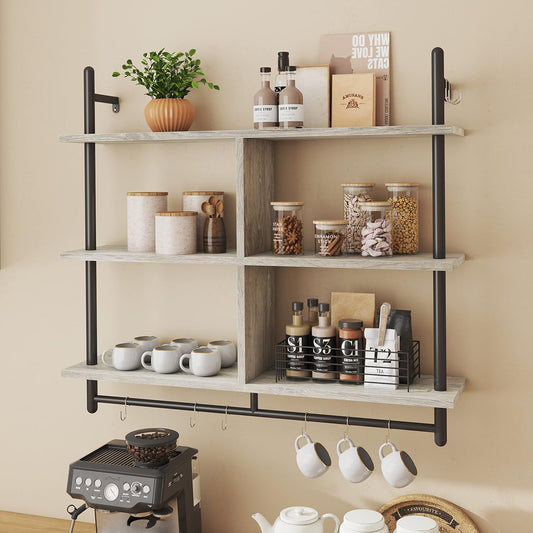 Bestier 41.5" Floating Pipe Shelving Kitchen Shelves Wall Mounted 3 Tier Ladder Shelf Hanging with Circular Tube Display Bookshelf Storage for Living Room Kitchen Balcony, Retro Grey