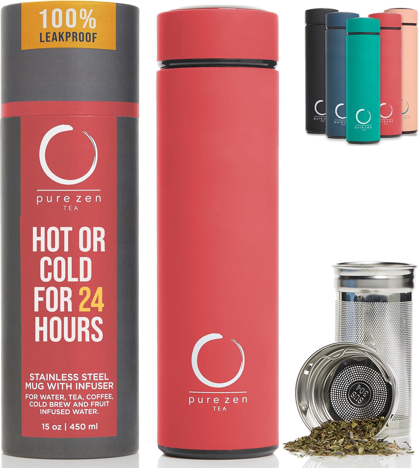 Pure Zen Tea Thermos with Infuser for Hot and Cold Infusions - Stainless Steel - Tea Infuser Bottle - Leakproof Travel Mug with Filter - 15oz - Red