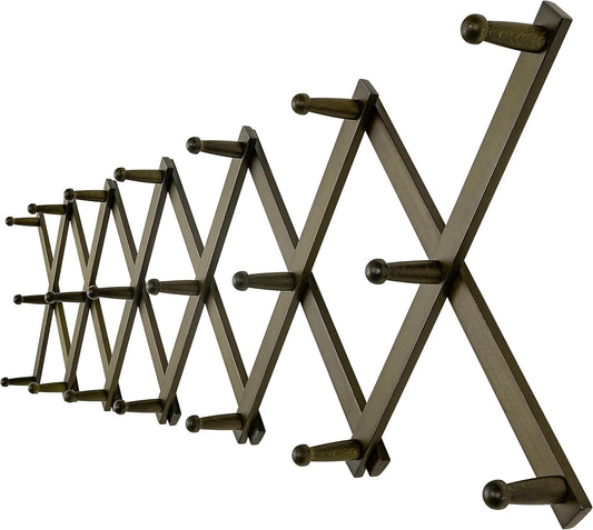 Dseap Accordion Wall Hanger:16'' High Wooden Wall Expandable Coat Rack,Hat Rack Holder,Accordion Hook for Baseball Caps,Coats,20 Peg Hooks,Dark Walnut