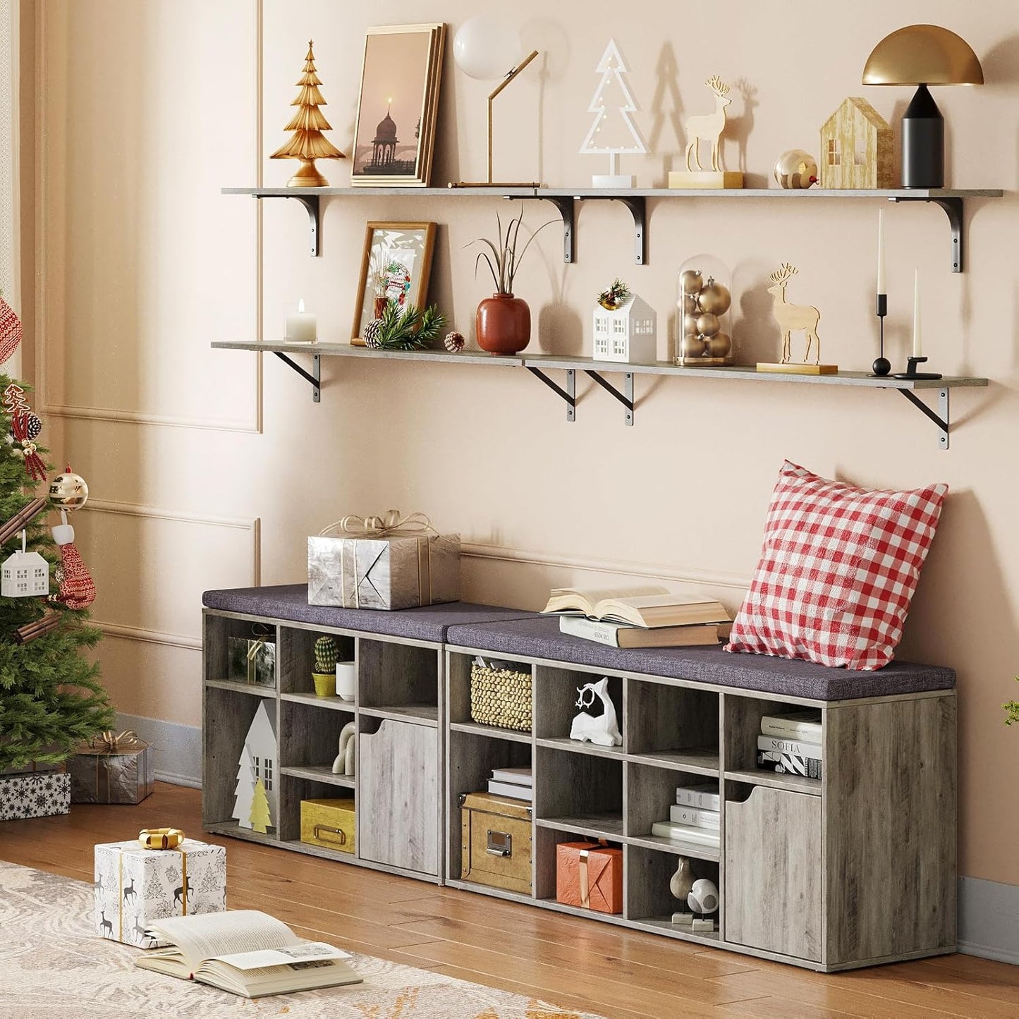 DINZI LVJ Long Wall Shelves, 47.3Inch Wall Mounted Shelves Set of 2, Extra Large Wall Storage Ledges with Sturdy Metal Brackets for Living Room, Bathroom, Bedroom, Kitchen, Grey Wash