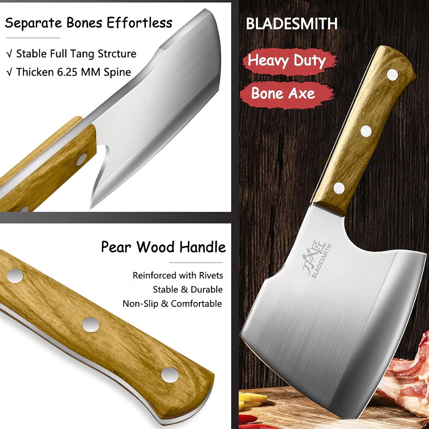 BLADESMITH Meat Cleaver Butcher Axe Bone Chopper Heavy Duty - 6.3'' Bone Cutting Knife Bone Breaker, Stainless Steel Thicken Blade & Pear Wood Handle, Slaughterhouse Looks Manly,2025 Gifts
