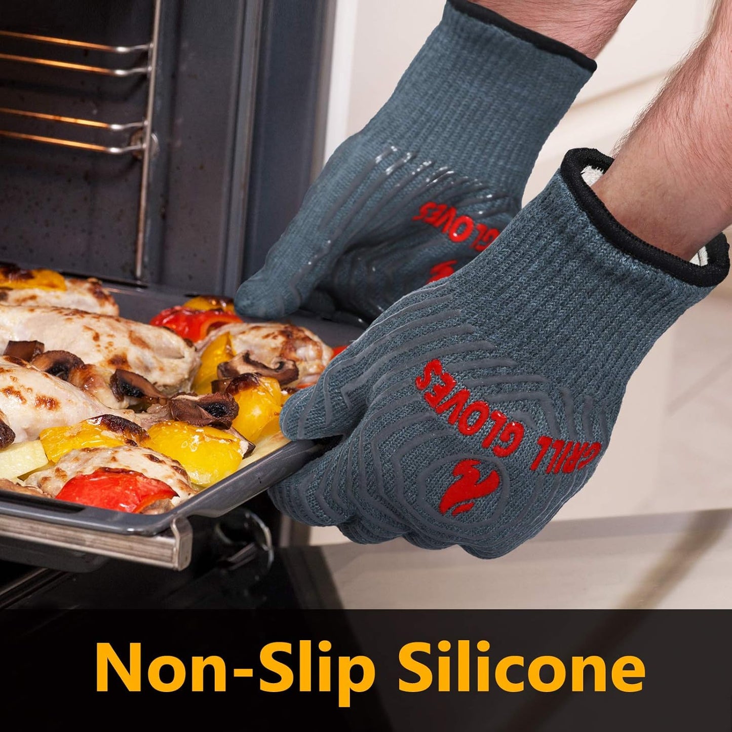 QUWIN BBQ Gloves, Oven Gloves 1472℉ Extreme Heat Resistant, Grilling Gloves Silicone Non-Slip Oven Mitts, Kitchen Gloves for BBQ, Grilling, Cooking, Baking-1 Pair… (Grey, One Size(Long Cuff))