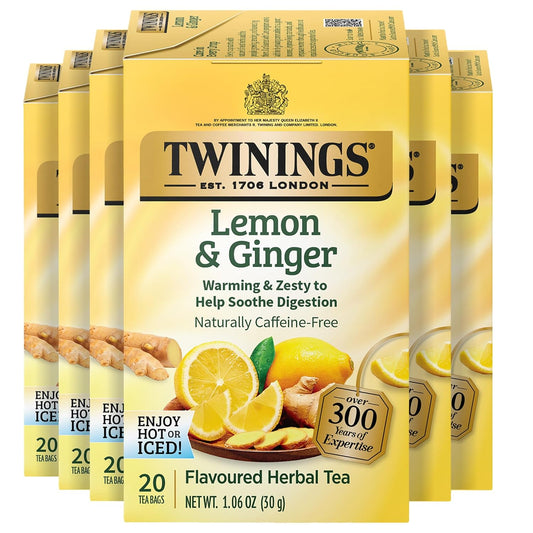Twinings Lemon & Ginger Herbal Tea Individually Wrapped Bags, 20 Count (Pack of 6), Tangy Lemon, Spicy Ginger, Naturally Caffeine-Free, Enjoy Hot or Iced, 120 Teabags