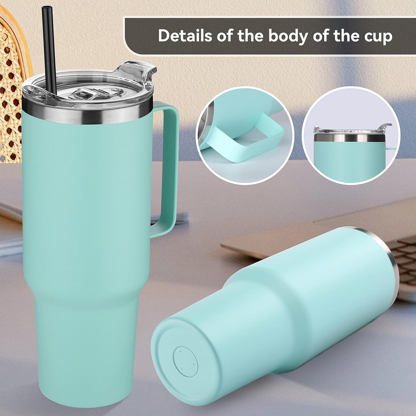 HASLE OUTFITTERS 40 oz Stainless Steel Tumbler with Handle, Vacuum Insulated Tumblers Bulk, Reusable Double Wall Travel Coffee Mug, Durable Powder Coated Water Bottles(Mint Green, 8)