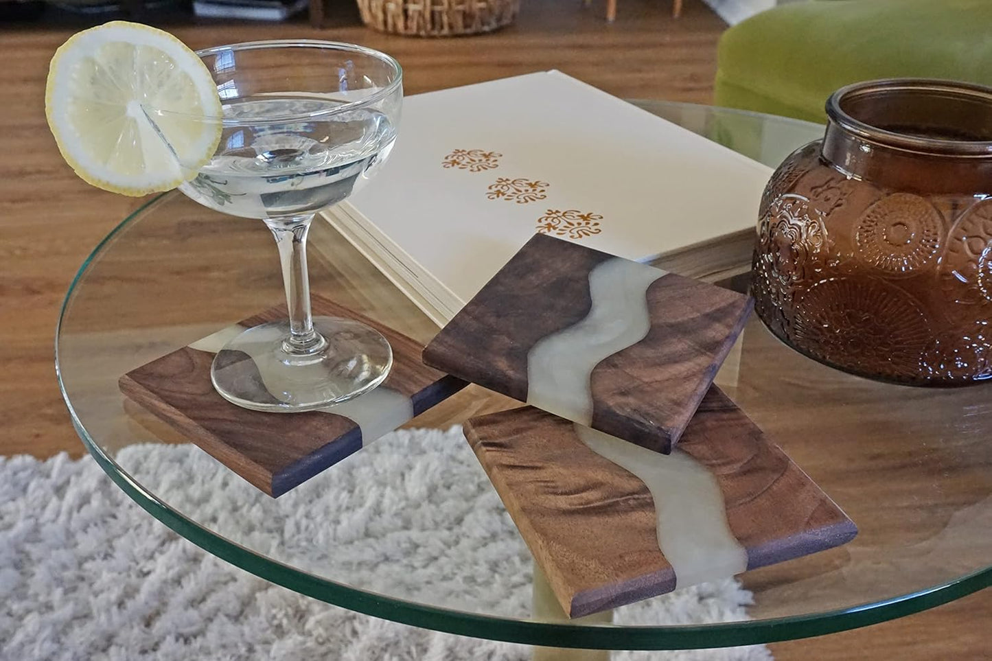 Generic Wood Coaster Set for Drinks | Handmade with Dark Walnut & Natural Wood Sealant Finish for Water Resistance, Easy Cleaning & No Stains | Epoxy Resin River (4 Pieces) (White)