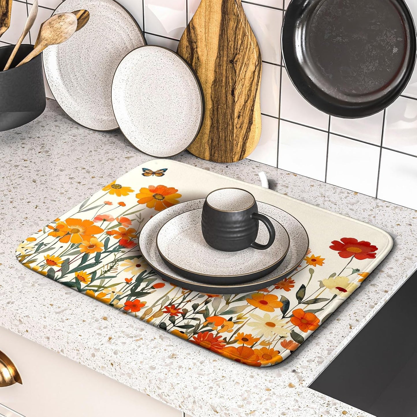 Fall Orange Wildflower Dish Drying Mat for Kitchen Counter,Autumn Floral Butterflies Drying Mat 16 x 18 Inch with Absorbent Reversible Microfiber Dish Drying Pad Dish Pad for Coffee Bar