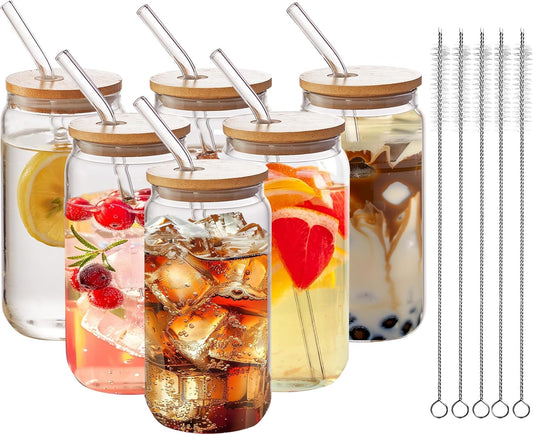 6pcs Set-16oz, Glass Cups with Bamboo Lids and Glass Straw - Beer Can Shaped,CuteTumbler Cup,Soda,deal for Cocktail,Iced Coffee Cups,6 Cleaning Brushes glass cups with lids and straws
