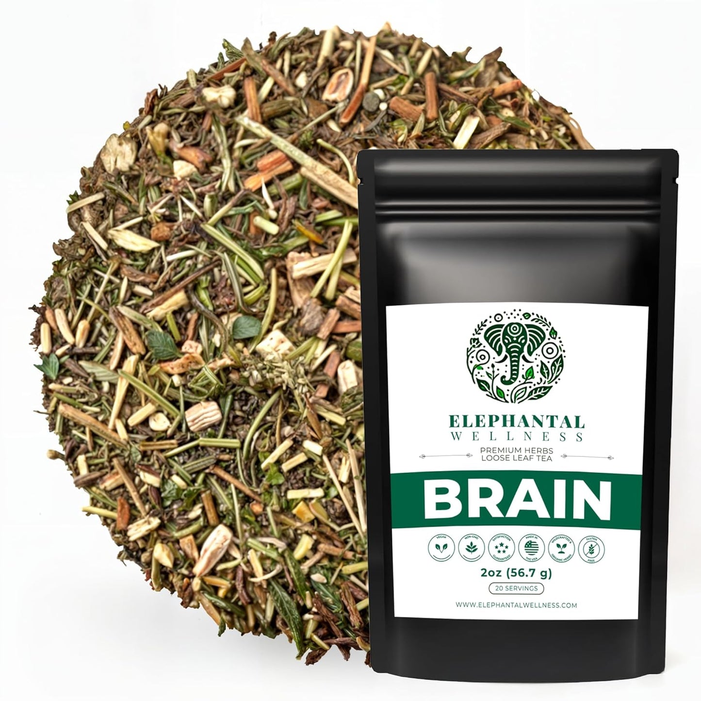 Elephantal Wellness Premium Brain Herbal Tea | Nootropic Focus & Mental Clarity with Ginkgo, Bacopa, Gotu Kola & Rosemary | Non-GMO, Caffeine-Free Coffee Alternative, Handmade Loose Leaf Blend, 2oz Loose Leaf, 20 Servings