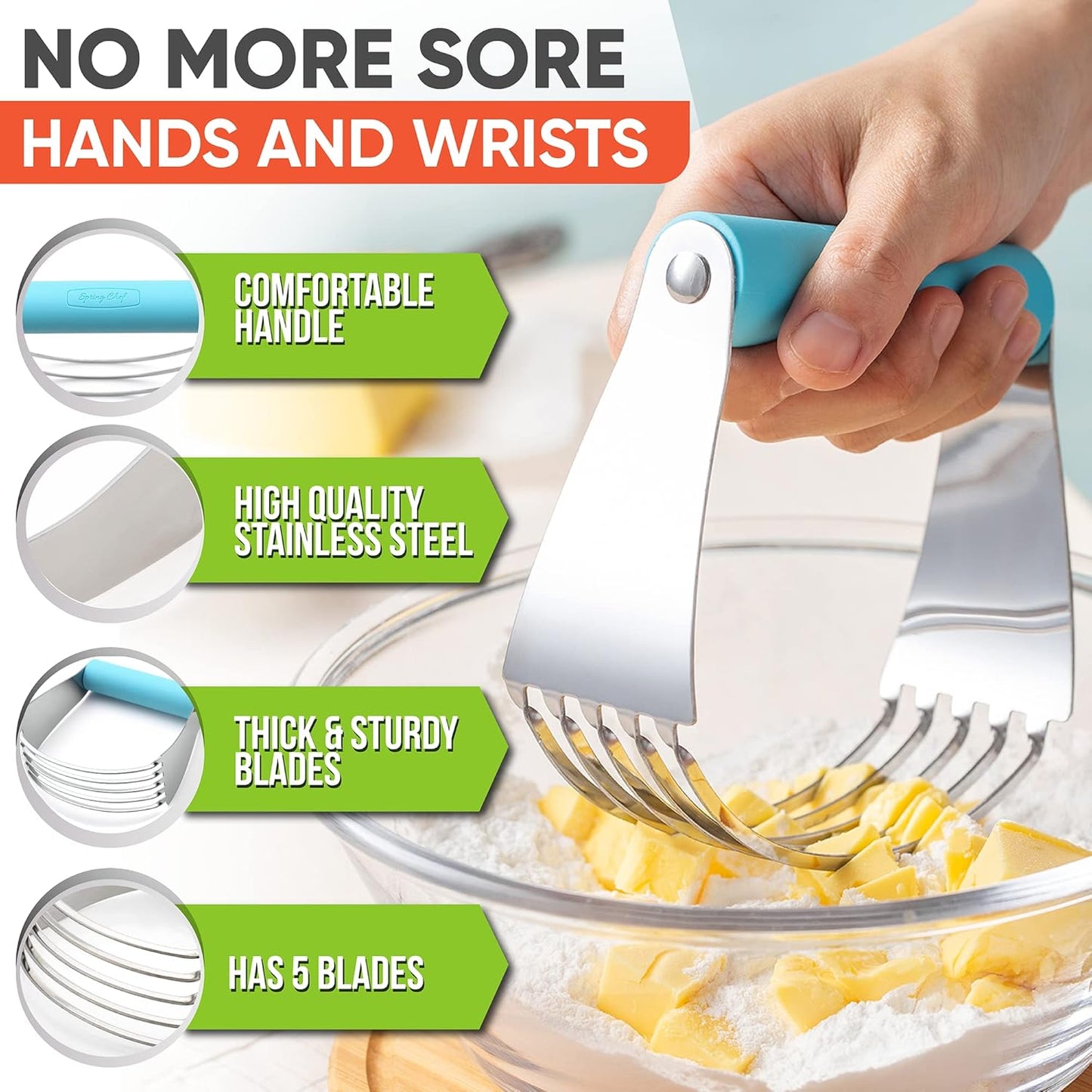 Spring Chef Large Dough Blender For Baking, Dishwasher Safe Dough Cutter Tool, Stainless Steel Pastry Cutter Tool with Sharp Blades, Manual Pastry Blender for Easy Mixing - Aqua Sky