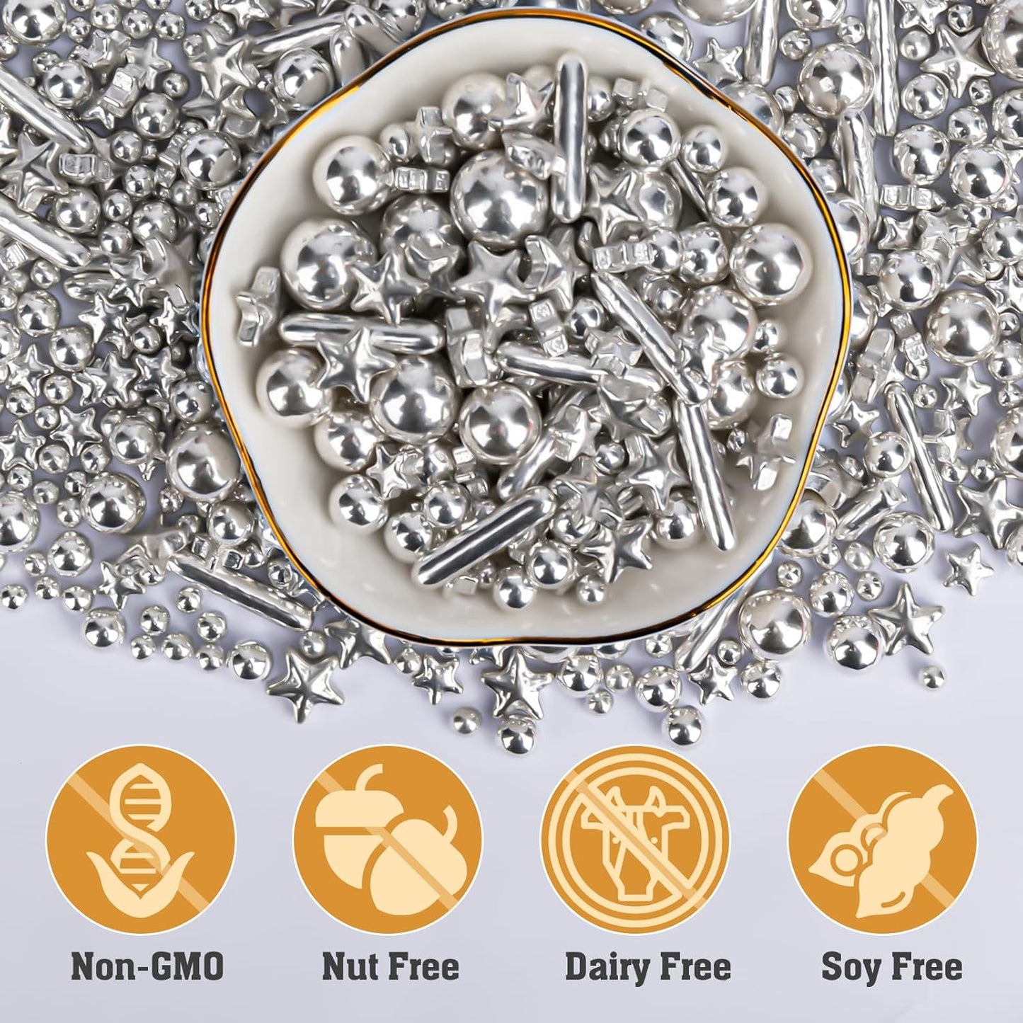 Twisweet Silver Pearl Rods Star Sprinkles, Edible Sugar Sprinkles for Cake Decorating, Mix Size Candy Pearls for Baking Cake Topper Ice Cream Cupcake Cookie Dessert Decorations, Wedding Valentines Birthday Christmas Easter Supplies (130g/4.58oz)