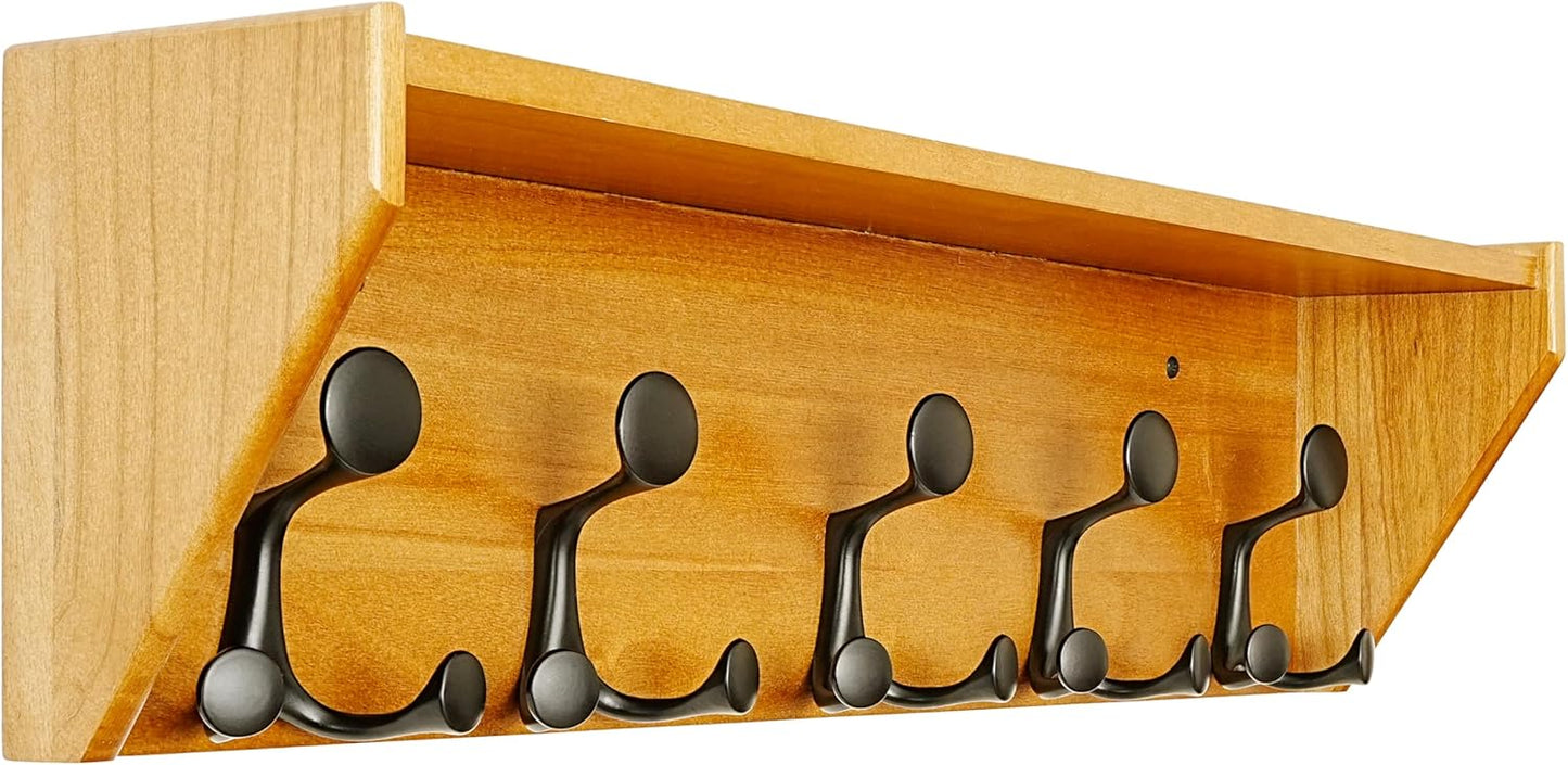 SKOLOO Wall Shelf with Hooks, 24-Inch Brown Coat Rack Wall Mount with Shelf Organizer - Lightweight & Sturdy, 5 Tri Hooks - Perfect for Entryway, Hallway, Living Room, Bedroom, Mudroom