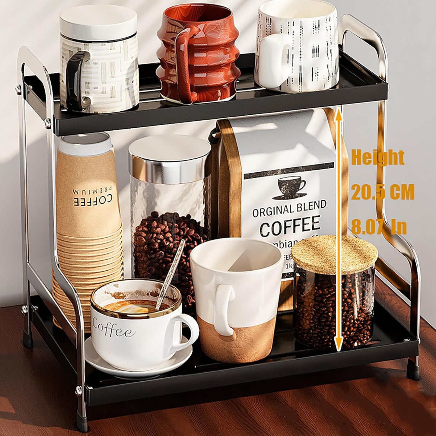 KISKIS Coffee Mug Cup Holder Space Saving 2-Tier Sturdy Stable Metal Storage Shelf, Prevent Falling Scratch Resistant Kitchen Rack Office Bathroom Desktop Organizer,Black