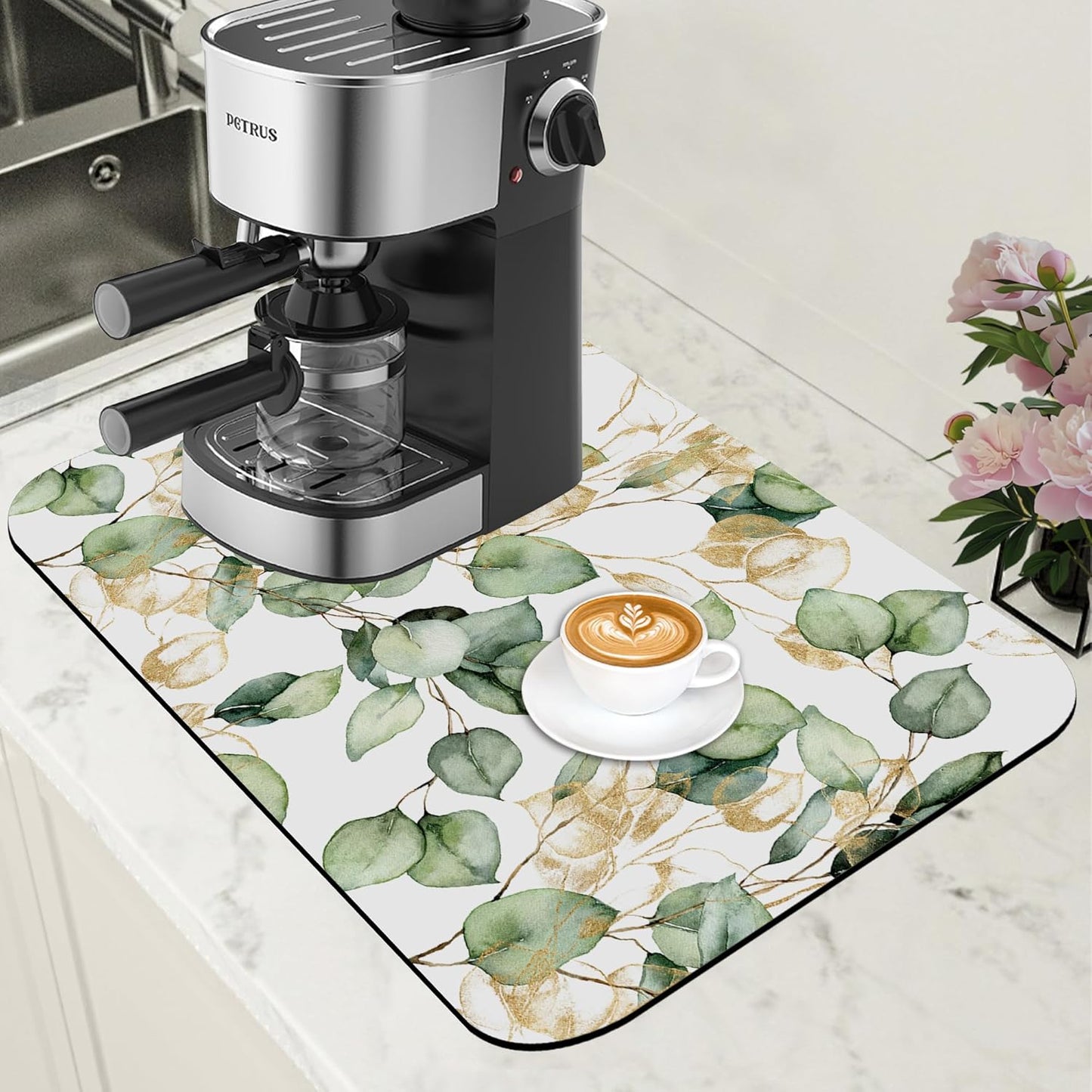 Gold and Green Eucalyptus Leaf Dish Drying Mat for Kitchen Counter Coffee Bar Mat Hide Stain Absorbent Rubber Backed Coffee Mat Coffee Maker Espresso Machine Coffee Bar Accessories 11.8 x 19.7 Inch