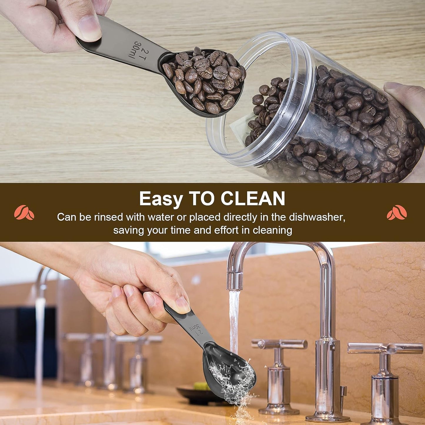 Stainless steel coffee scoop 2-piece set (1 tbsp, 2 tbsp) durable Tablespoon, ergonomic measuring spoon, Suitable for small and large jars，short-handled spoon (Black)