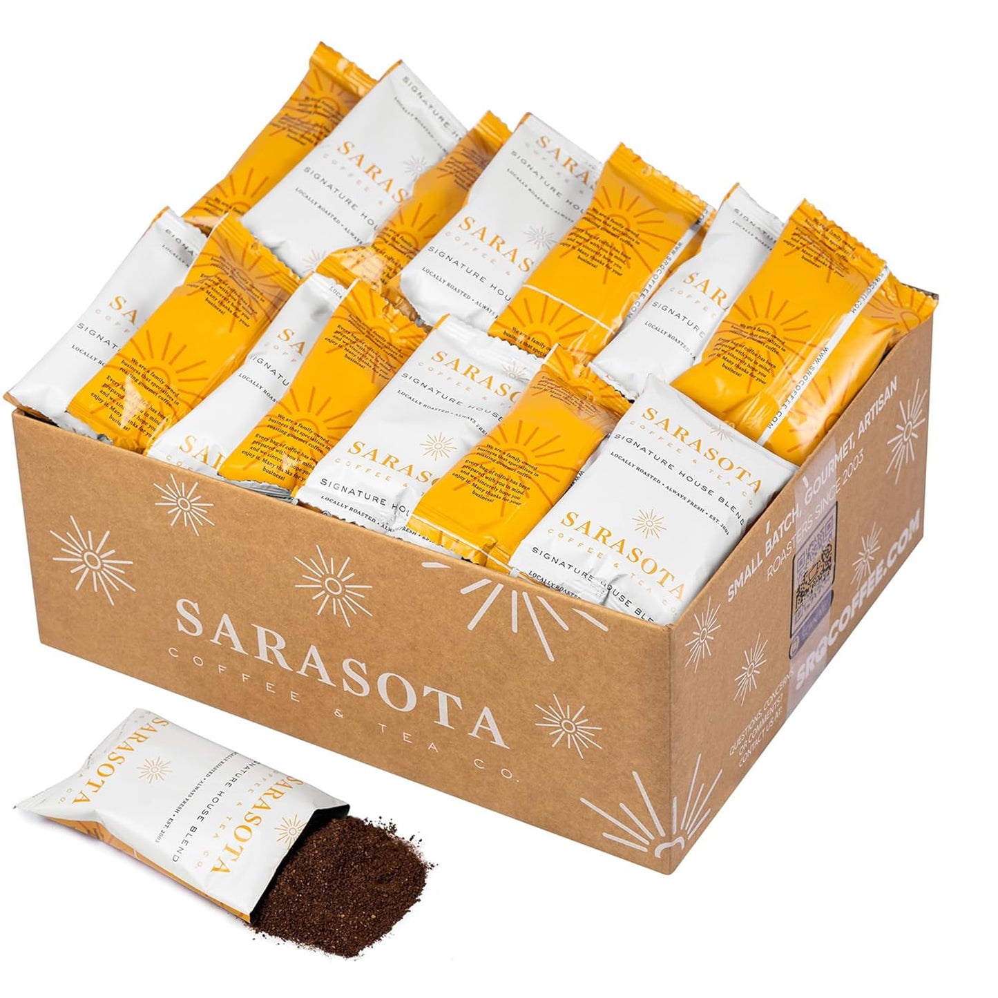 Sarasota Coffee Ground Packets | Gourmet Medium Roast Bulk Coffee Packs | Breakfast Blend | Low Acid Mold Free Singles Individual Pouches for 12 Cup Coffee Maker | 3 Ounce Bags, 36 Count