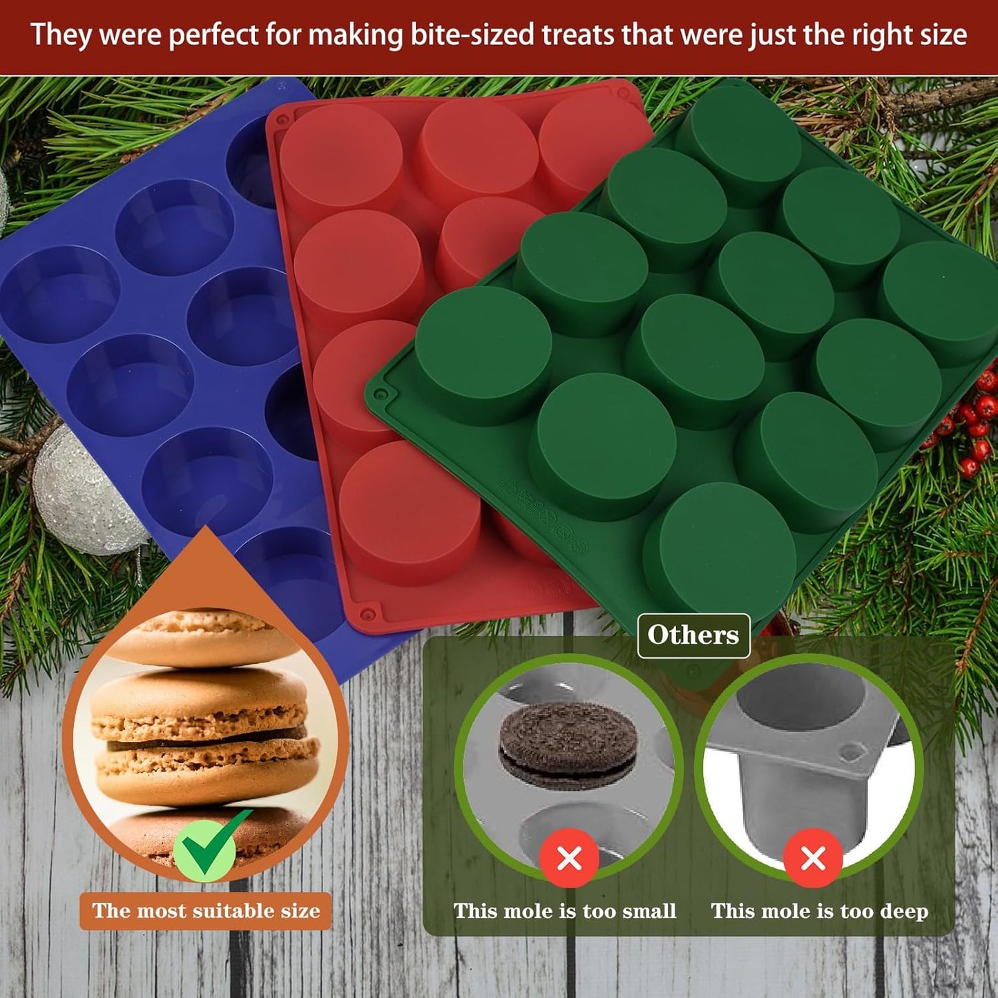 Round Chocolate Cookie Silicone Molds, New Size 12-Cavity Cylinder Chocolate Cover Cookie Silicone Molds for Candy Mini Cakes Jelly Baking (Green Red Blue)