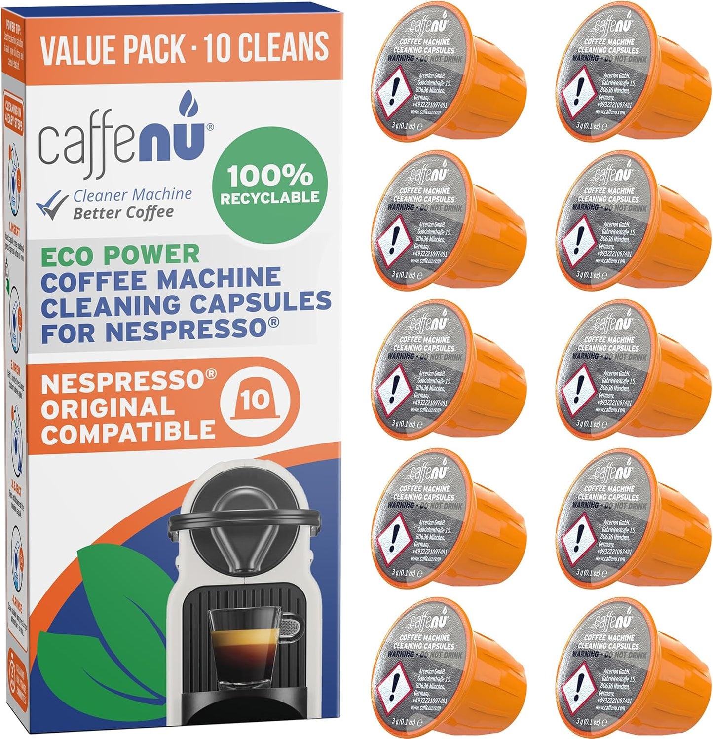 Nespresso Compatible Cleaning Pods. 10 Cleaner Capsules. Improved Coffee Flavor. For Nespresso Originaline, Use with Descaling Kit.