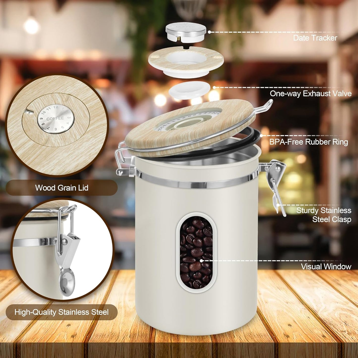 1800ML Airtight Coffee Canister with Date Tracker&Transparent Window, 22.8OZ Coffe Beans Storage with 30ML Measure Spoon&4 co2 Valve, Coffee Container for Grounds Coffee, Beans, Tea, Sugar(Beige)