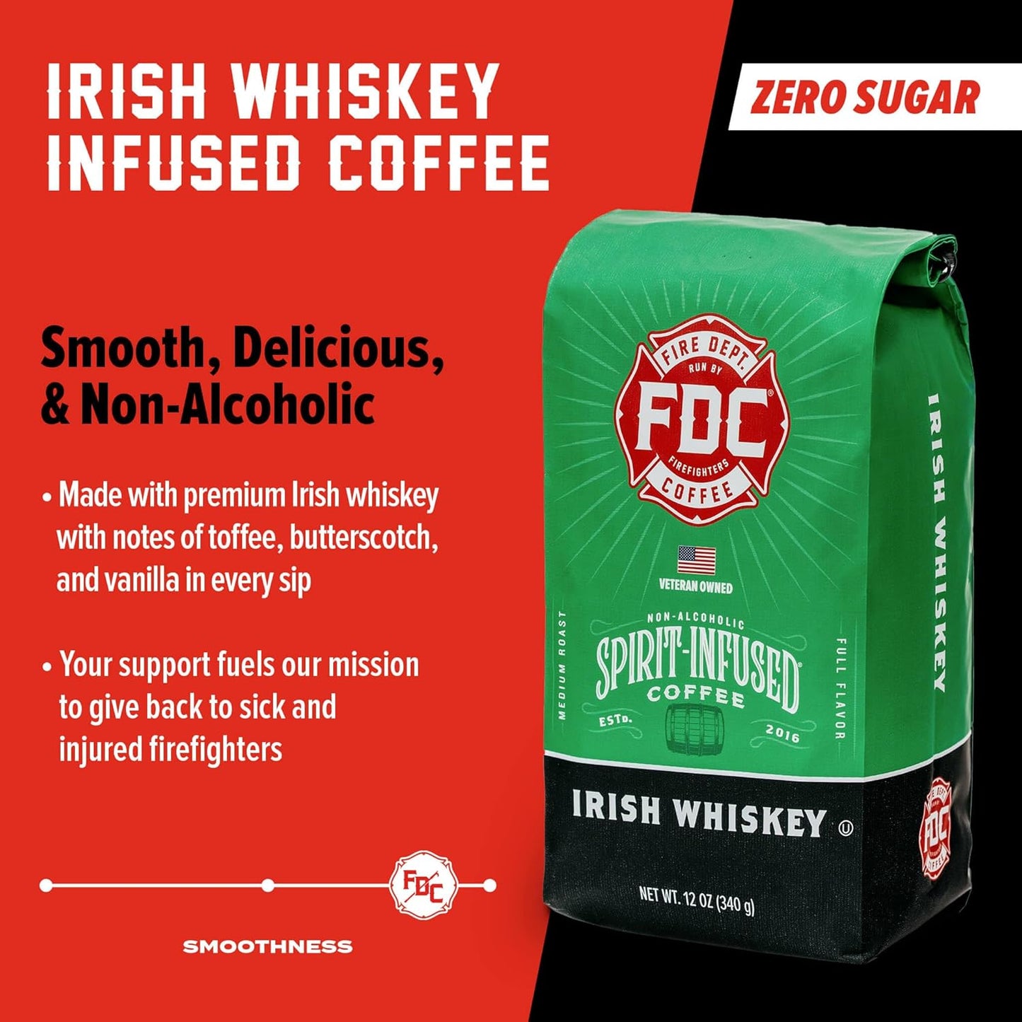 Fire Department Coffee - Gives Back to Firefighters - Irish Whiskey Infused Coffee Beans - Medium Roast - Non-Alcoholic - Roasted in the USA - Whole Bean - Veteran Owned - 12 oz
