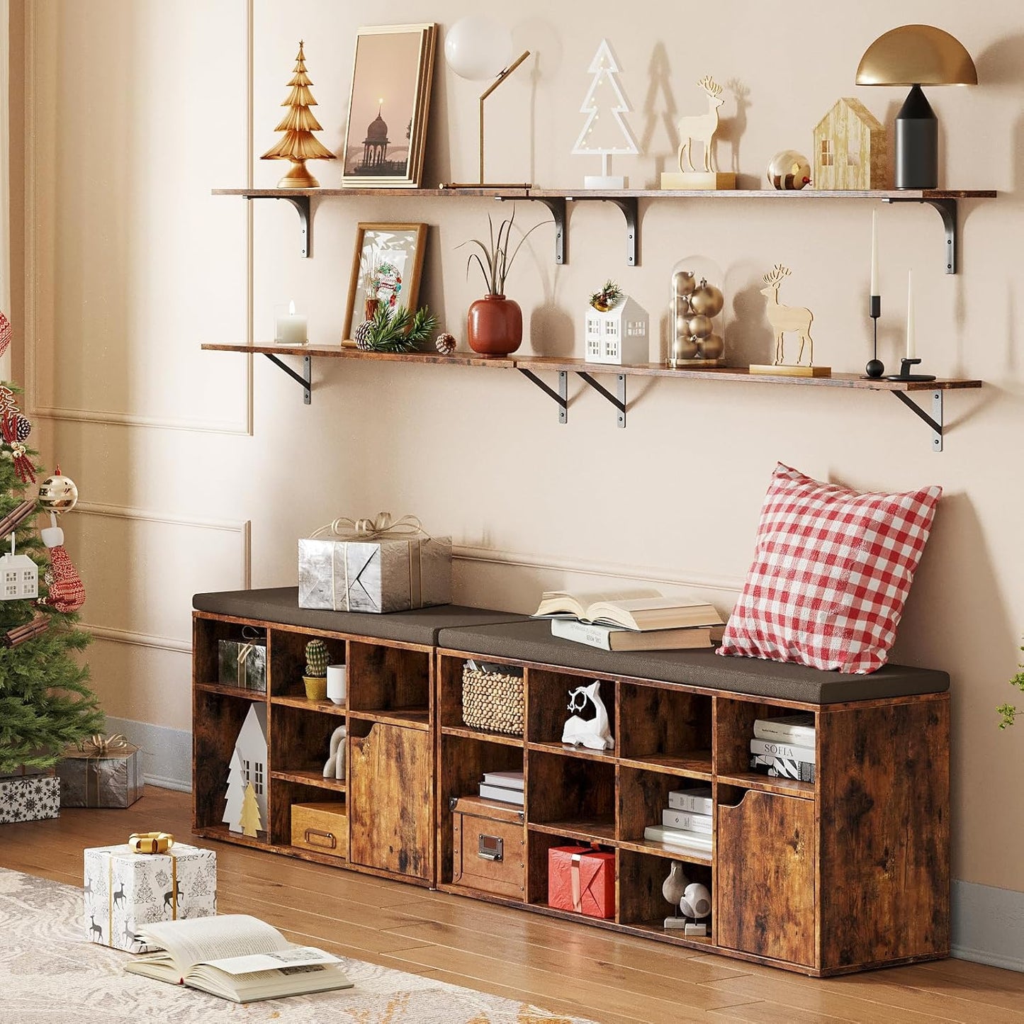 DINZI LVJ Long Wall Shelves, 47.3Inch Floating Shelves Set of 2, Extra Large Wall Storage Ledges with Sturdy Metal Brackets for Living Room, Bathroom, Bedroom, Kitchen, Rustic Brown