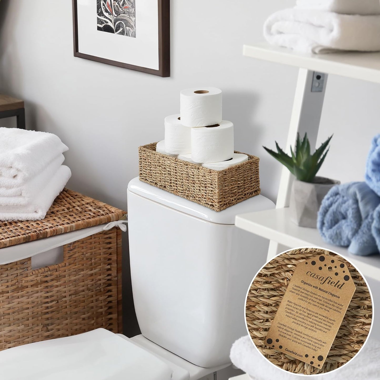 Casafield Set of 2 Bathroom Storage Baskets, Natural - Seagrass, 16" W x 6.75" D x 4.25" H, Woven Toilet Tank Topper Bins for Organizing Tissues, Toilet Paper, Toiletries, Shelves