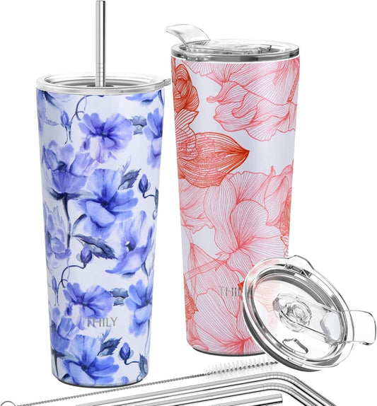 THILY Stainless Steel Vacuum Insulated Tumbler 26 oz Triple-Insulated Travel Mug with Splash-Proof Lid, for Iced Coffee and Hot Beverage, Iridaceae + Red Lotus